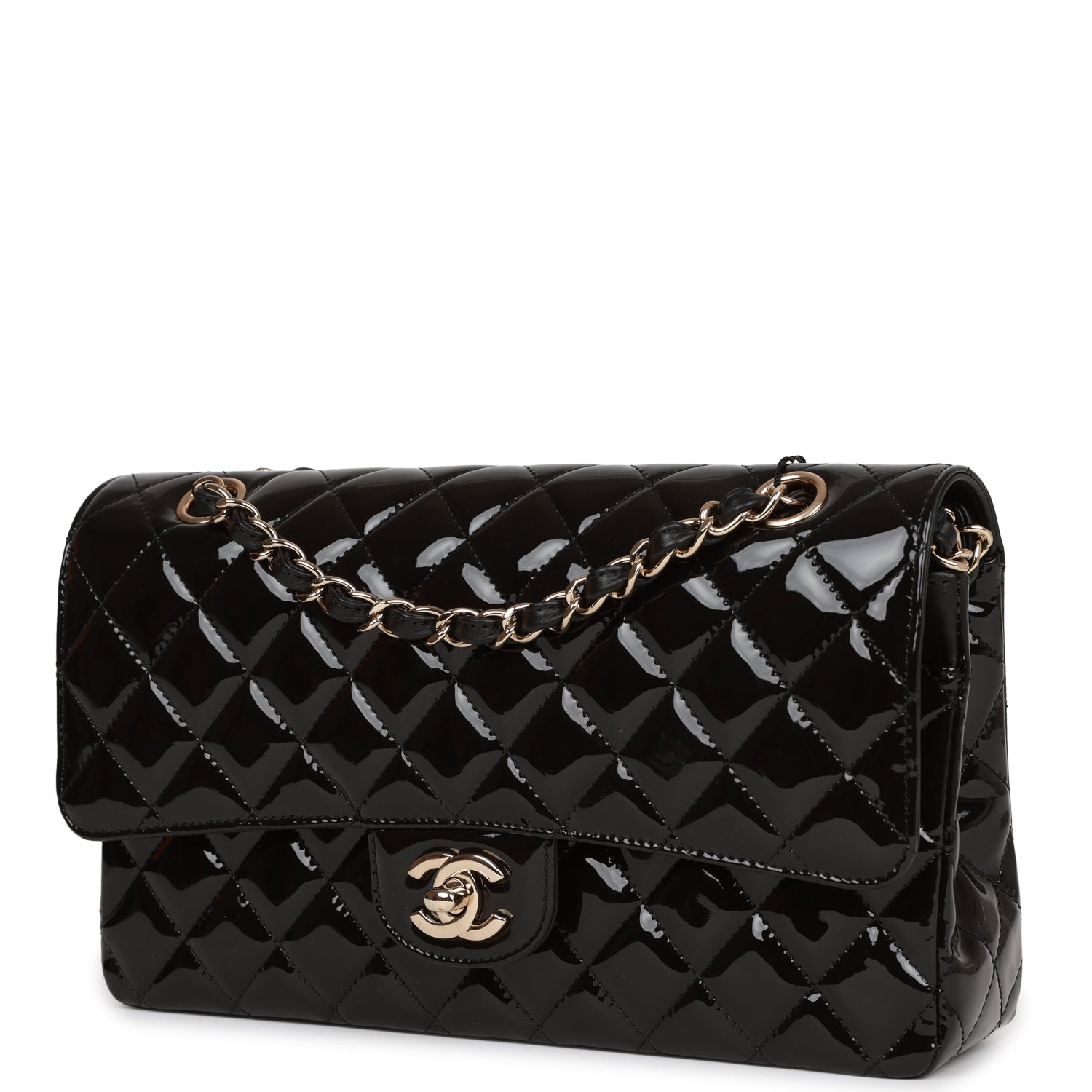 Chanel Medium Classic Double Flap Bag Black Patent Light Gold Hardware Rovelle Bags