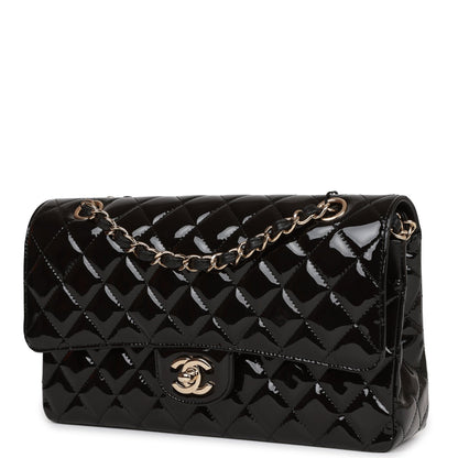 Chanel Medium Classic Double Flap Bag Black Patent Light Gold Hardware Rovelle Bags