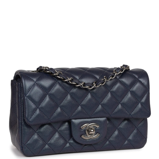 Chanel Mini Rectangular Flap Bag Navy Iridescent Lambskin Ruthenium Hardware Rovelle Bags