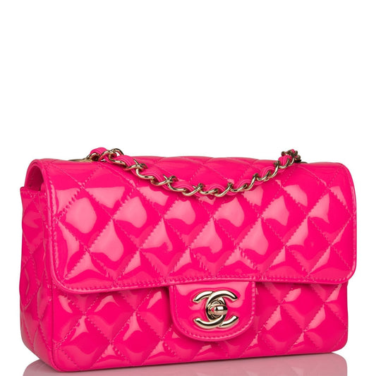 Chanel Pink Quilted Patent Rectangular Mini Classic Flap Bag Light Gold Hardware Rovelle Bags