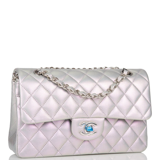 Chanel Small Classic Double Flap Bag Purple Iridescent Lambskin Silver Hardware Rovelle Bags