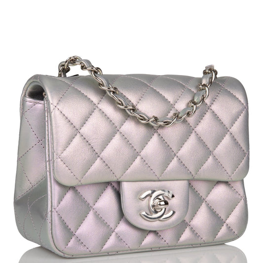 Chanel Mini Square Flap Bag Lavender Iridescent Lambskin Silver Hardware Rovelle Bags