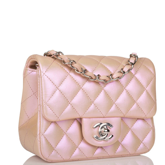 Chanel Mini Square Flap Bag Pink Iridescent Lambskin Silver Hardware Rovelle Bags