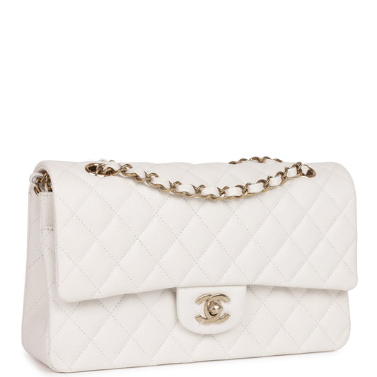 Chanel Medium Classic Double Flap Bag White Quilted Caviar Light Gold Hardware Rovelle Bags