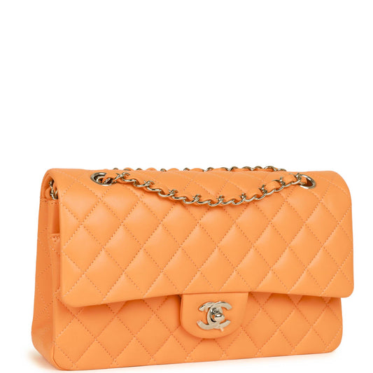 Chanel Medium Classic Double Flap Bag Neon Orange Lambskin Silver Hardware Rovelle Bags