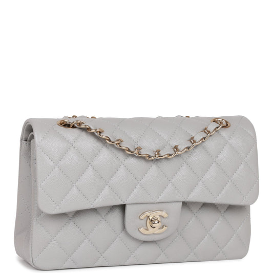 Chanel Small Classic Double Flap Grey Caviar Light Gold Hardware Rovelle Bags