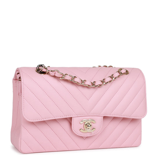 Chanel Small Chevron Classic Double Flap Pink Calfskin Light Gold Hardware Rovelle Bags