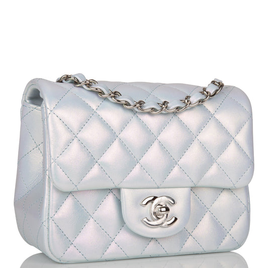 Chanel Mini Square Flap Bag Blue Iridescent Lambskin Silver Hardware Rovelle Bags