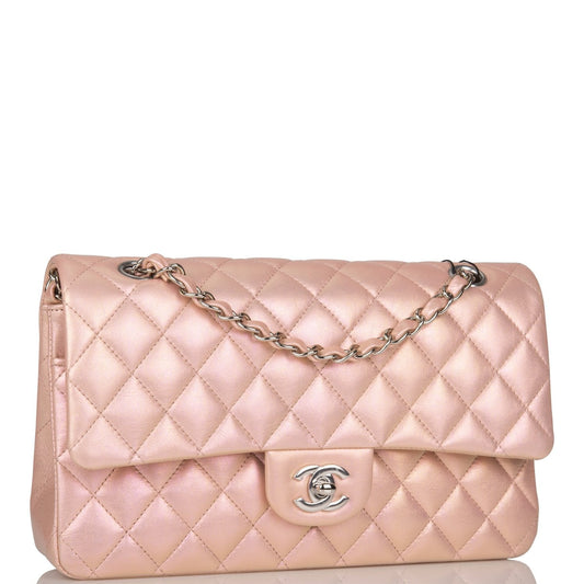 Chanel Medium Classic Double Flap Bag Pink Iridescent Lambskin Silver Hardware Rovelle Bags
