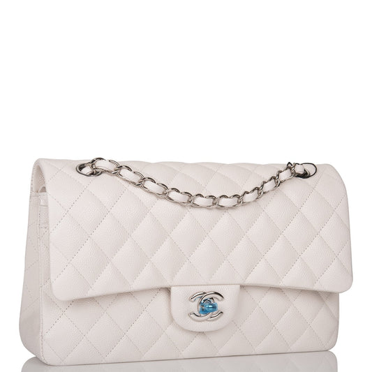 Chanel White Quilted Caviar Medium Classic Double Flap Bag Silver Hardware Rovelle Bags