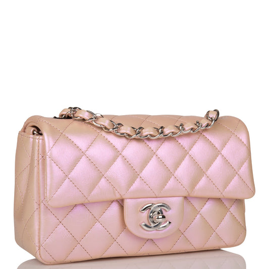 Chanel Mini Rectangular Flap Bag Pink Iridescent Lambskin Silver Hardware Rovelle Bags