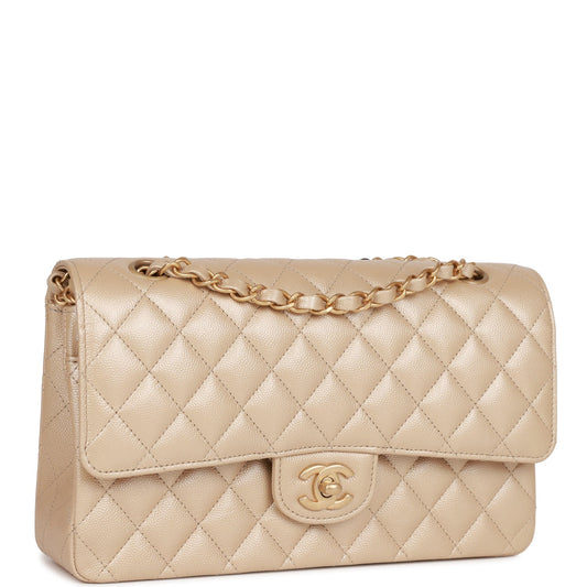 Chanel Medium Classic Double Flap Bag Gold Iridescent Caviar Antique Gold Hardware Rovelle Bags