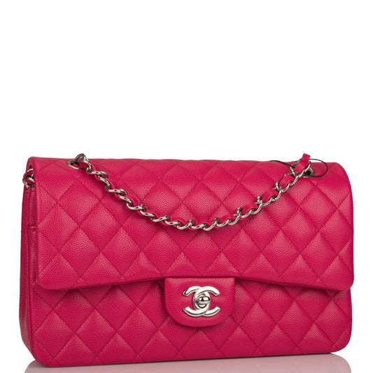 Chanel Medium Classic Double Flap Bag Dark Pink Caviar Silver Hardware Rovelle Bags