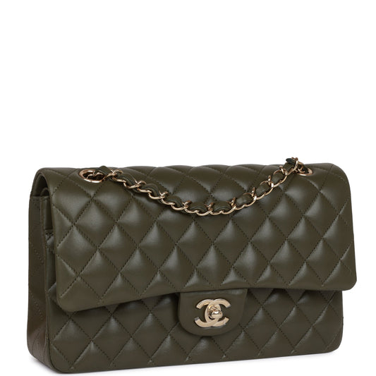 Chanel Medium Classic Double Flap Bag Olive Calfskin Light Gold Hardware Rovelle Bags