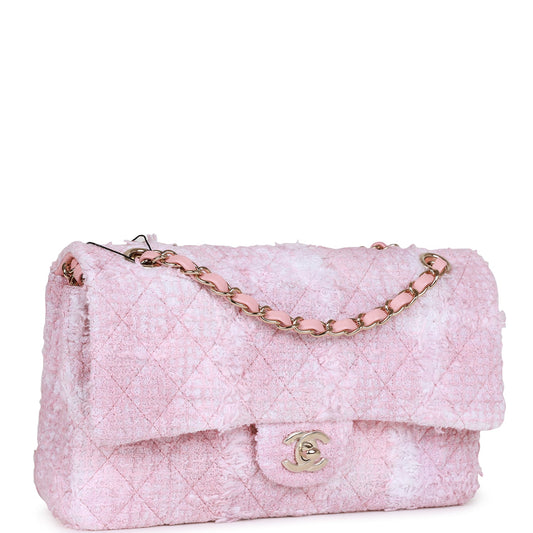 Chanel Medium Classic Double Flap Bag Rose Sakura Tweed Light Gold Hardware Rovelle Bags