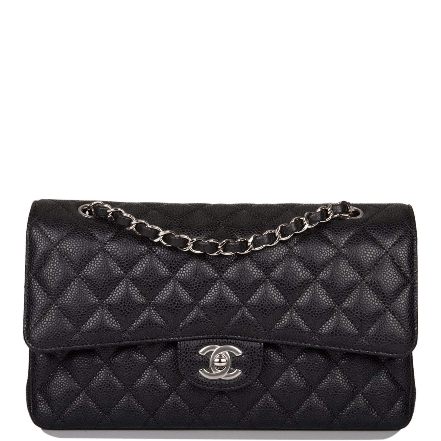 Chanel Medium Classic Double Flap Bag Black Caviar Silver Hardware Rovelle Bags
