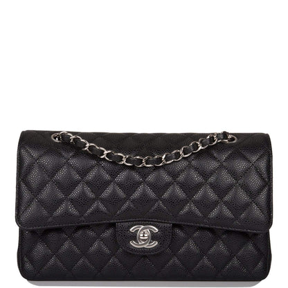Chanel Medium Classic Double Flap Bag Black Caviar Silver Hardware Rovelle Bags