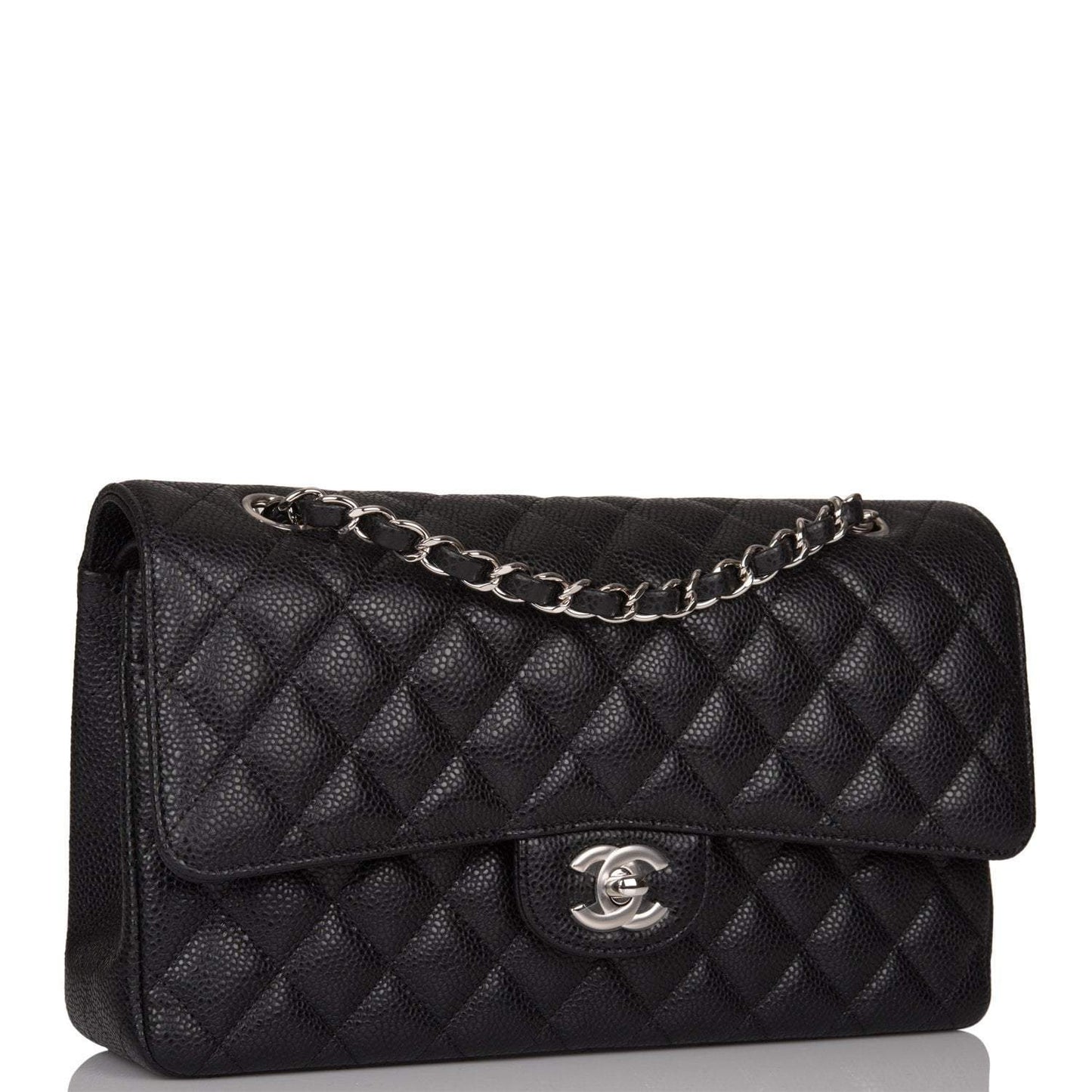Chanel Medium Classic Double Flap Bag Black Caviar Silver Hardware Rovelle Bags