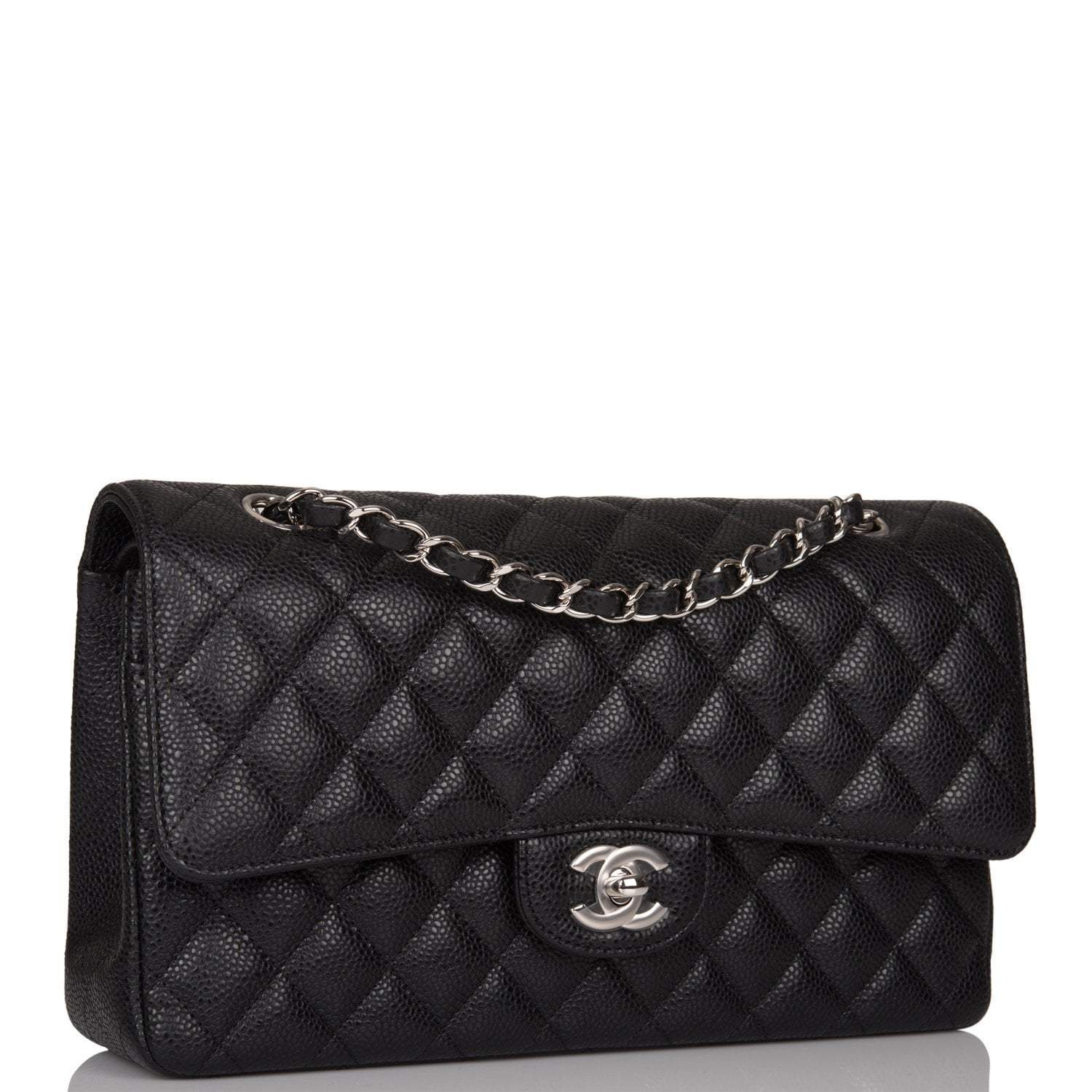 Chanel Medium Classic Double Flap Bag Black Caviar Silver Hardware Rovelle Bags