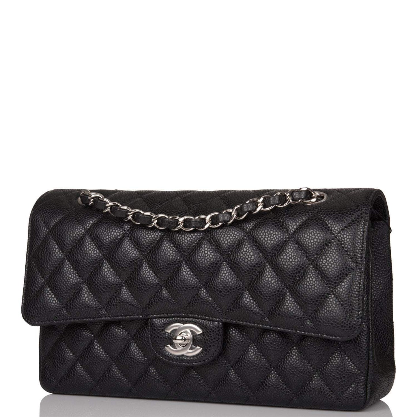 Chanel Medium Classic Double Flap Bag Black Caviar Silver Hardware Rovelle Bags