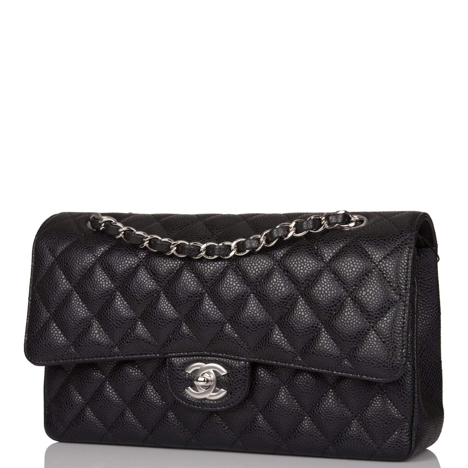 Chanel Medium Classic Double Flap Bag Black Caviar Silver Hardware Rovelle Bags