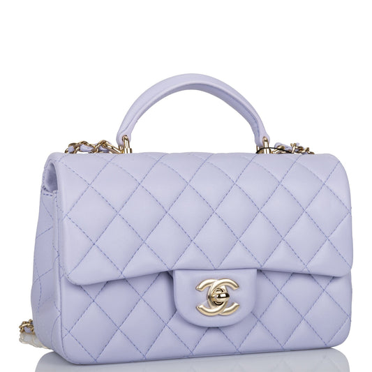 Chanel Mini Rectangular Flap With Top Handle Light Purple Lambskin Light Gold Hardware Rovelle Bags