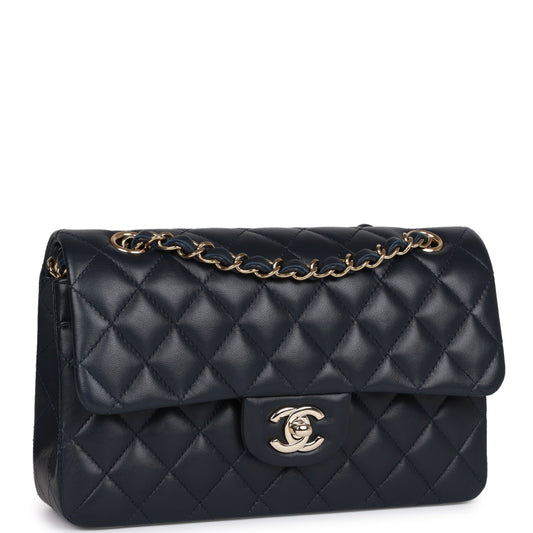 Chanel Small Classic Double Flap Navy Lambskin Light Gold Hardware Rovelle Bags