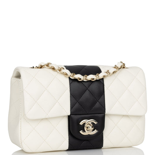 Chanel Mini Rectangular Flap Bag White And Black Lambskin Light Gold Hardware Rovelle Bags