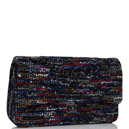 Chanel Medium Classic Double Flap Bag Navy Tweed Black Hardware Rovelle Bags