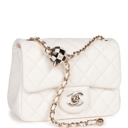 Chanel Pearl Crush Mini Square Flap Bag White Lambskin Light Gold Hardware Rovelle Bags