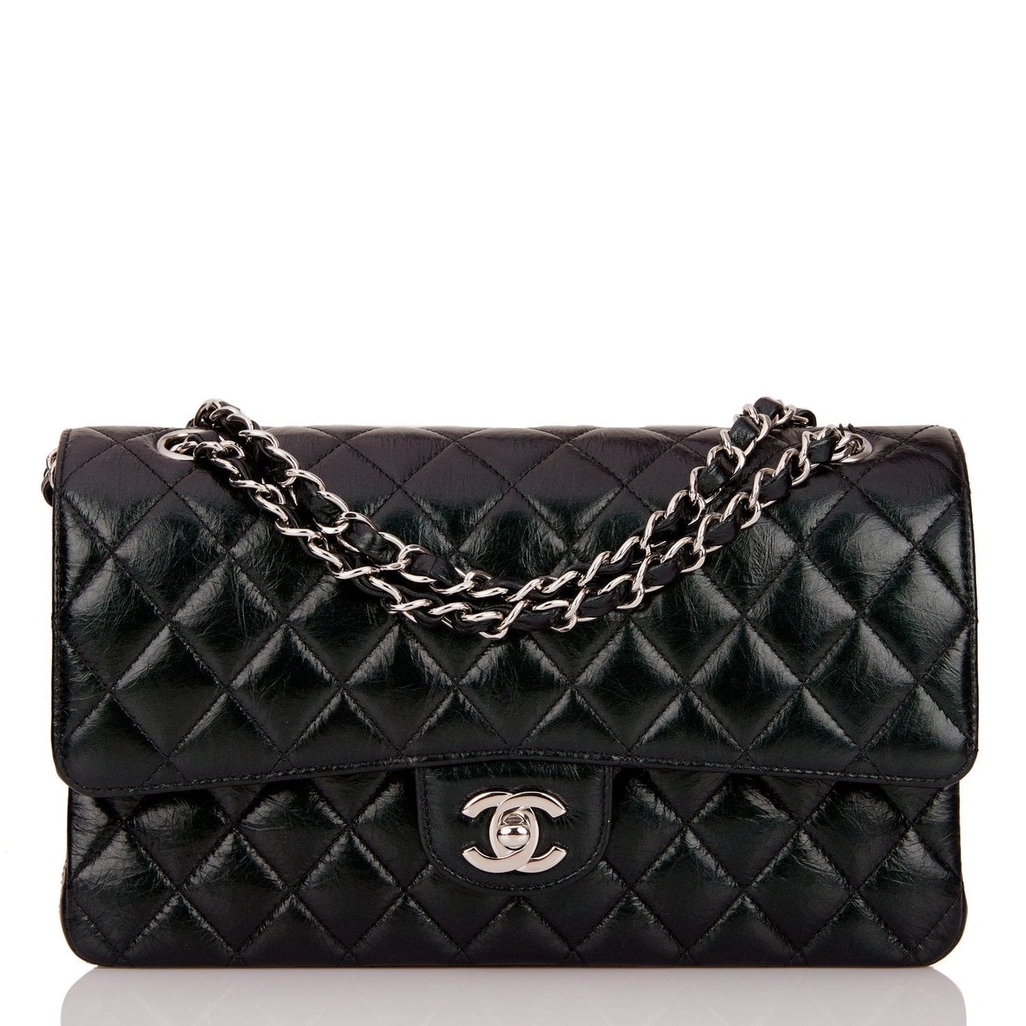 Chanel Medium Classic Double Flap Bag Black Iridescent Quilted Crumpled Calfskin Silver Hardware Rovelle Bags