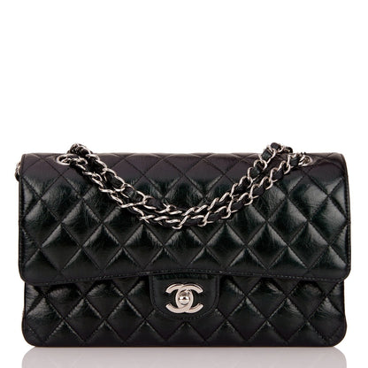 Chanel Medium Classic Double Flap Bag Black Iridescent Quilted Crumpled Calfskin Silver Hardware Rovelle Bags