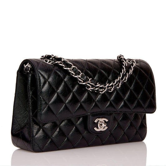 Chanel Medium Classic Double Flap Bag Black Iridescent Quilted Crumpled Calfskin Silver Hardware Rovelle Bags