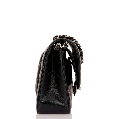 Chanel Medium Classic Double Flap Bag Black Iridescent Quilted Crumpled Calfskin Silver Hardware Rovelle Bags