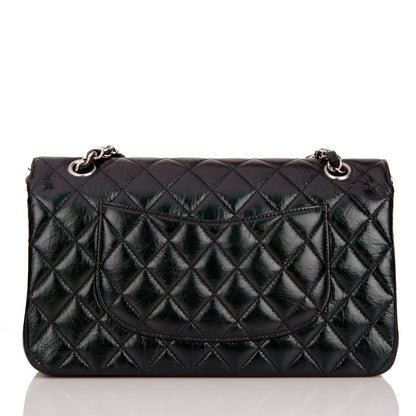 Chanel Medium Classic Double Flap Bag Black Iridescent Quilted Crumpled Calfskin Silver Hardware Rovelle Bags