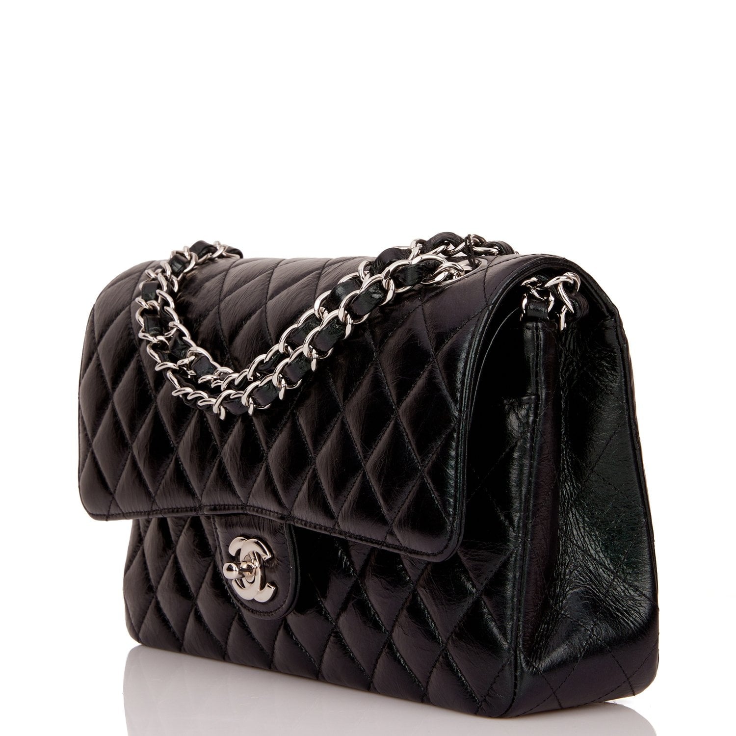 Chanel Medium Classic Double Flap Bag Black Iridescent Quilted Crumpled Calfskin Silver Hardware Rovelle Bags