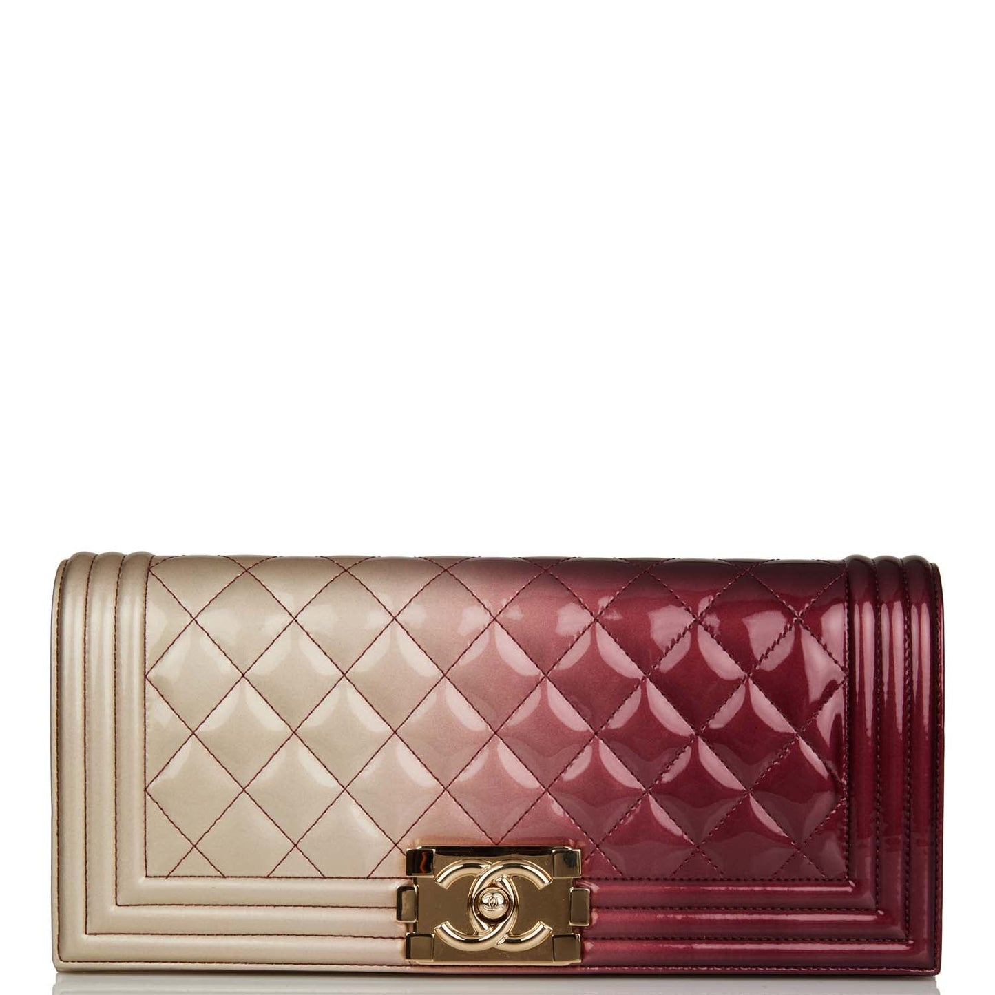 Chanel Boy Bag Clutch Beige And Pink Ombre Patent Gold Hardware Rovelle Bags