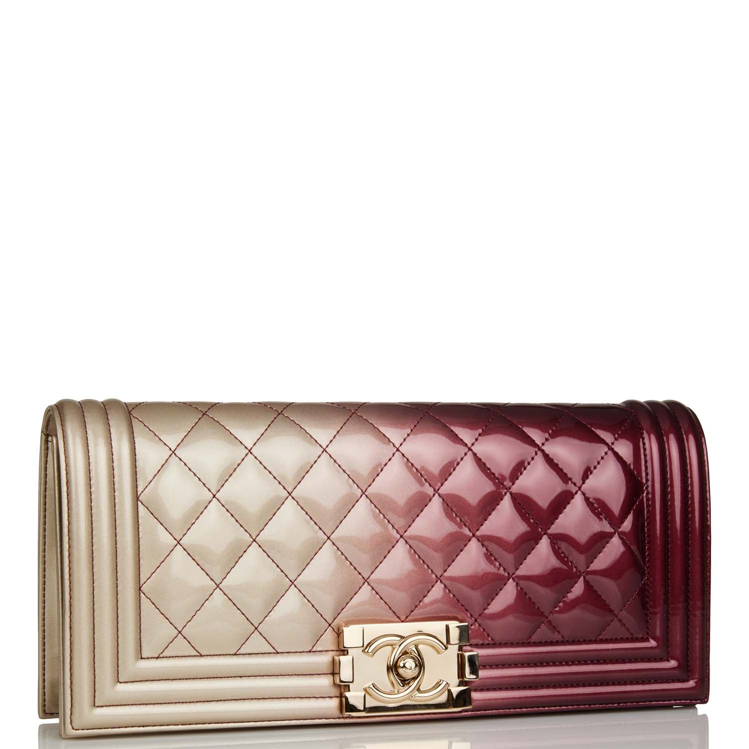 Chanel Boy Bag Clutch Beige And Pink Ombre Patent Gold Hardware Rovelle Bags