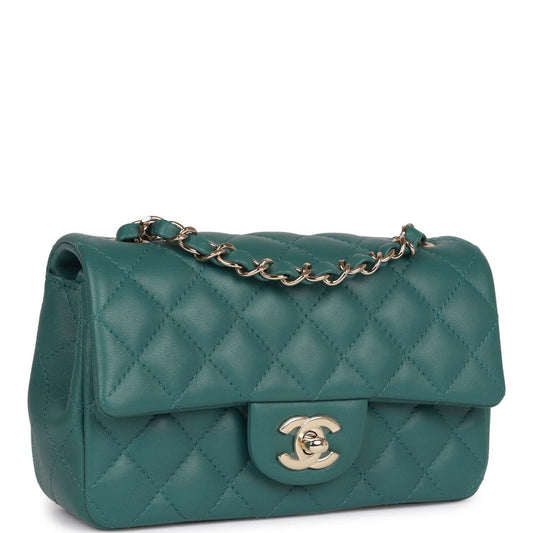 Chanel Mini Rectangular Flap Bag Green Lambskin Light Gold Hardware Rovelle Bags