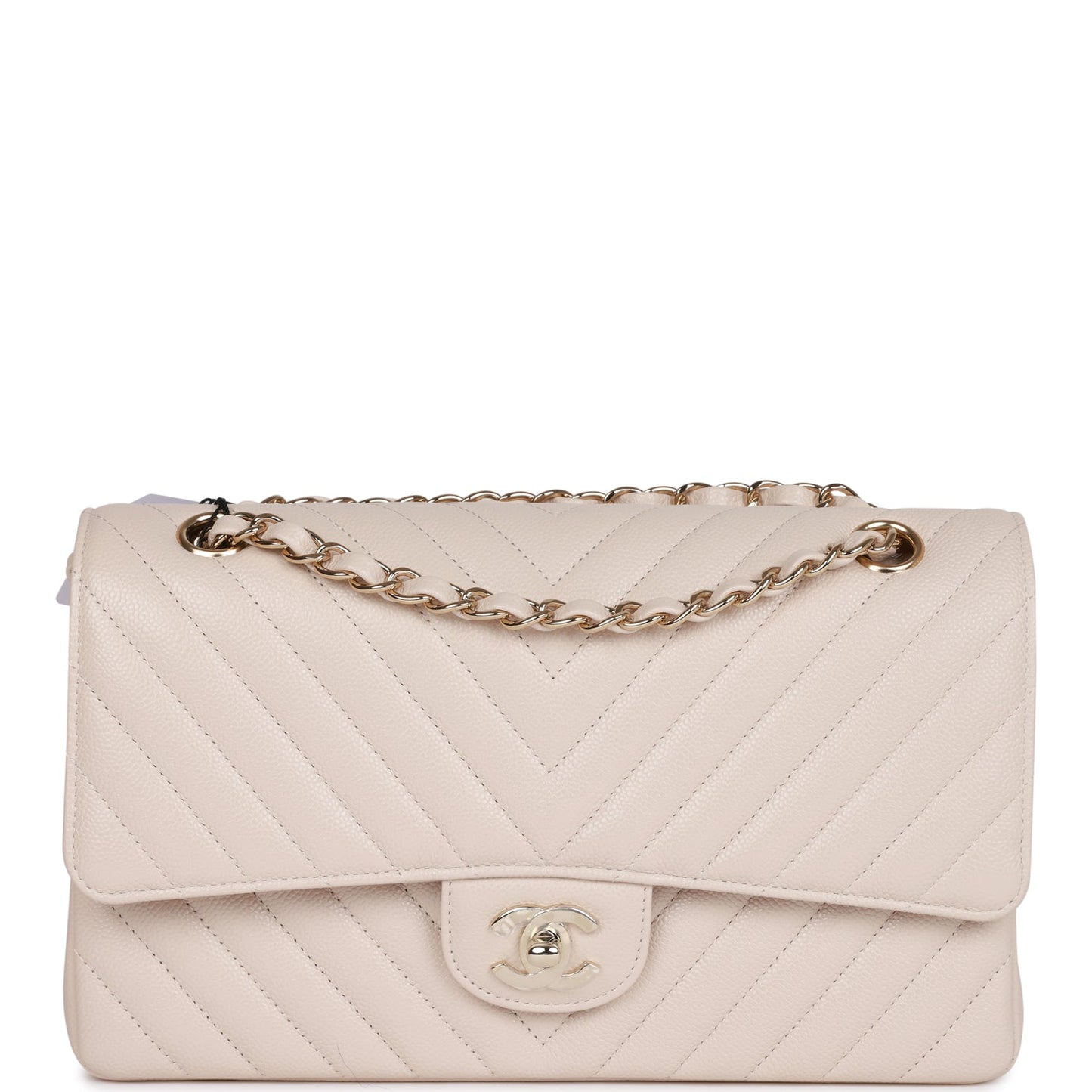 Chanel Medium Classic Double Flap Bag Beige Chevron Caviar Light Gold Hardware Rovelle Bags