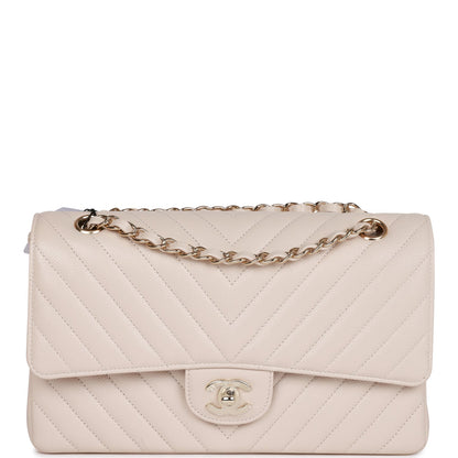 Chanel Medium Classic Double Flap Bag Beige Chevron Caviar Light Gold Hardware Rovelle Bags