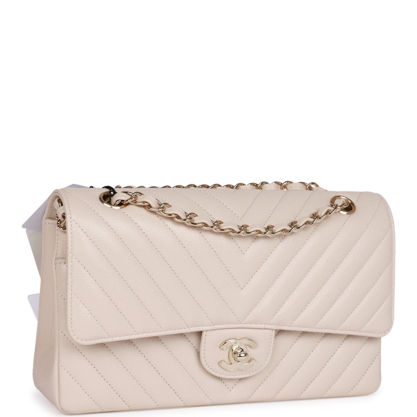 Chanel Medium Classic Double Flap Bag Beige Chevron Caviar Light Gold Hardware Rovelle Bags