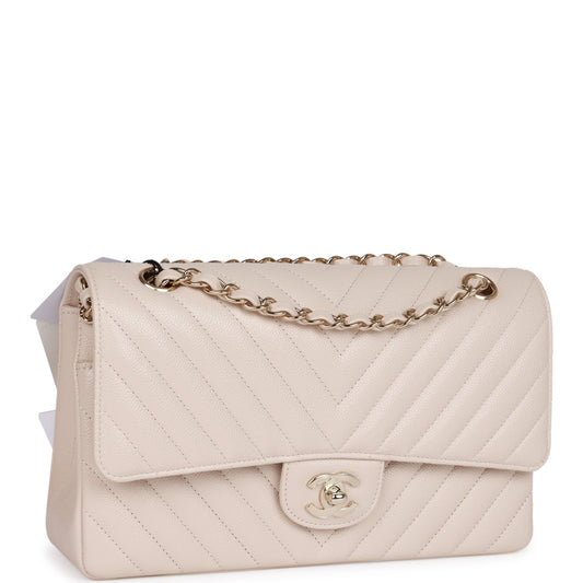 Chanel Medium Classic Double Flap Bag Beige Chevron Caviar Light Gold Hardware Rovelle Bags