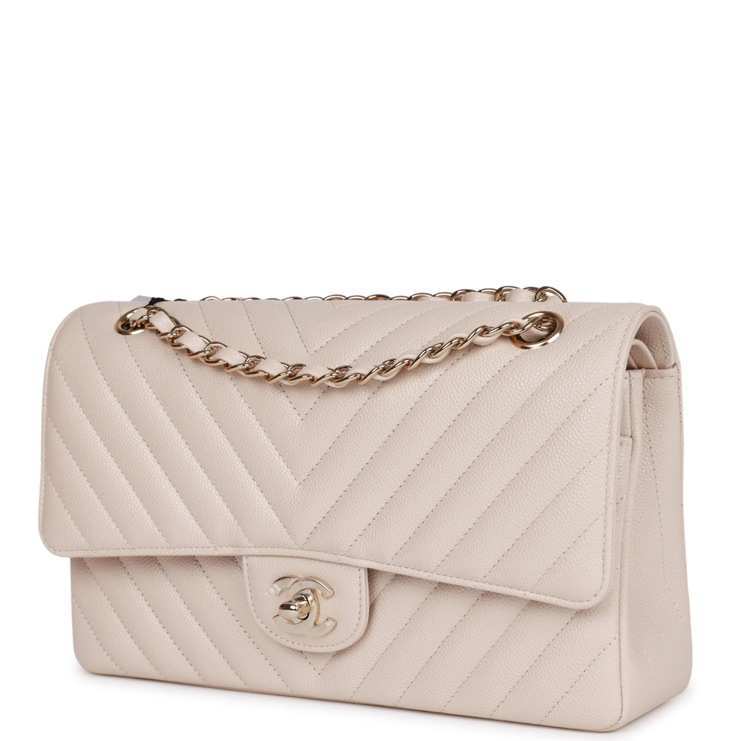 Chanel Medium Classic Double Flap Bag Beige Chevron Caviar Light Gold Hardware Rovelle Bags