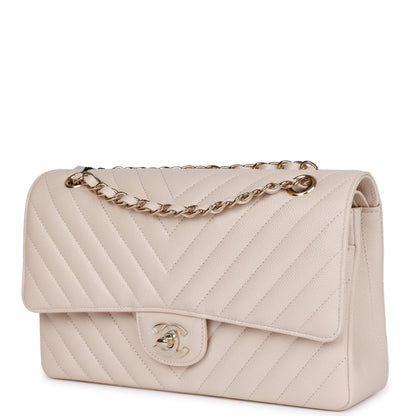 Chanel Medium Classic Double Flap Bag Beige Chevron Caviar Light Gold Hardware Rovelle Bags