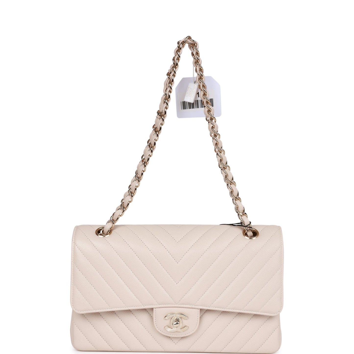 Chanel Medium Classic Double Flap Bag Beige Chevron Caviar Light Gold Hardware Rovelle Bags