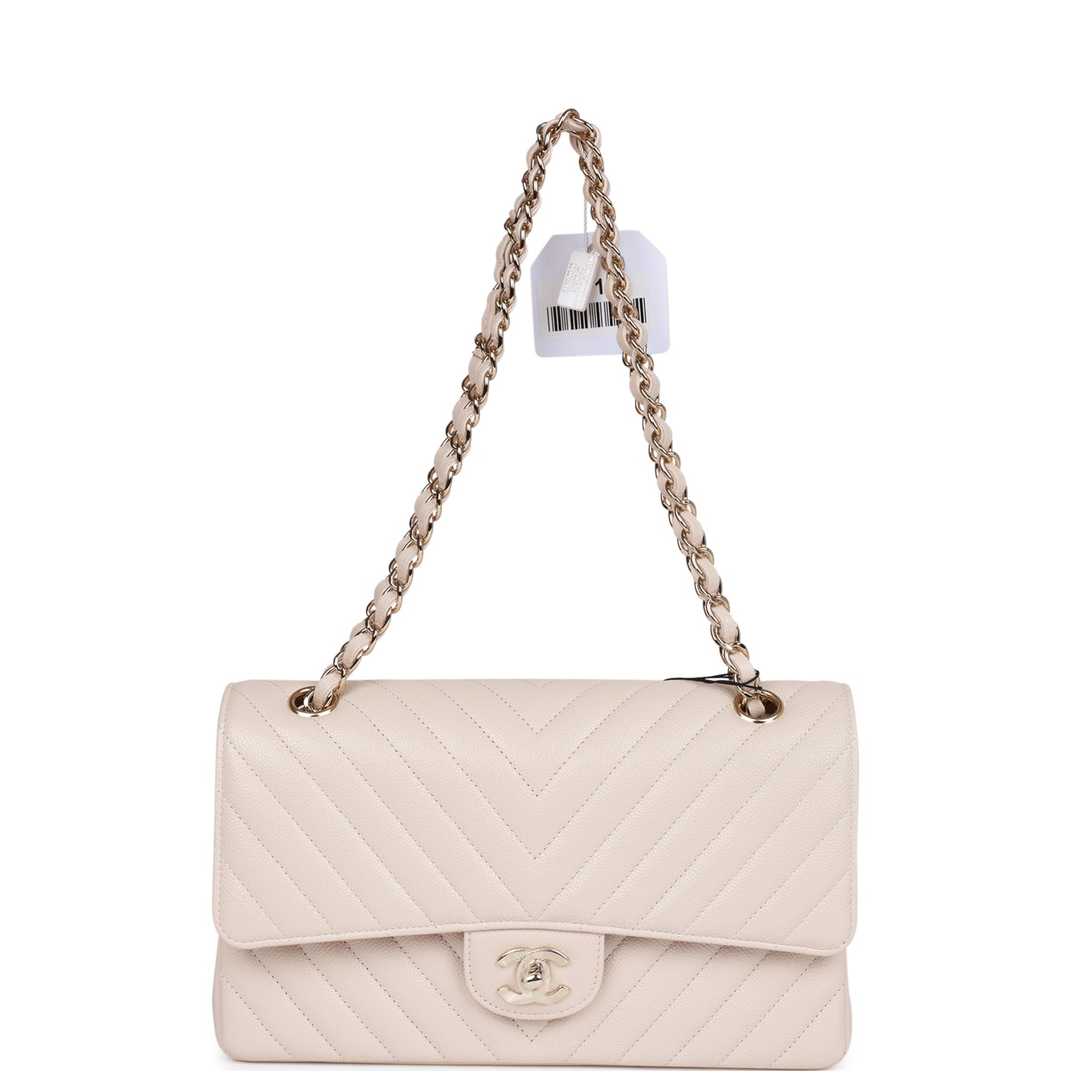 Chanel Medium Classic Double Flap Bag Beige Chevron Caviar Light Gold Hardware Rovelle Bags