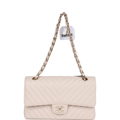 Chanel Medium Classic Double Flap Bag Beige Chevron Caviar Light Gold Hardware Rovelle Bags