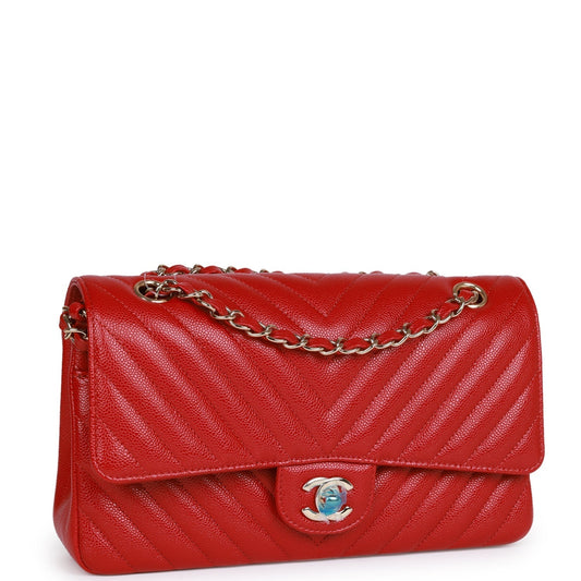 Chanel Medium Classic Double Flap Bag Red Chevron Caviar Light Gold Hardware Rovelle Bags