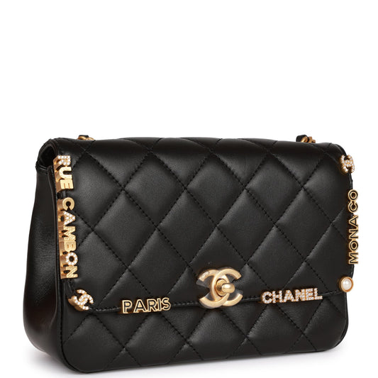 Chanel Monaco Mini Flap Bag Black Lambskin Antique Gold Hardware Rovelle Bags